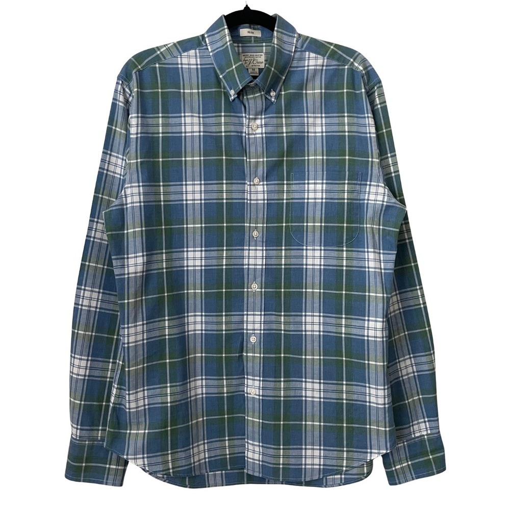 J. Crew Shirt Mens Medium Blue Green Slim Fit Secret‎ Wash Organic Cotton Plaid